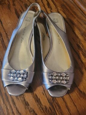 Anne Klein Metallic Silver Slingback Peep-Toe Flats with Crystal Accent